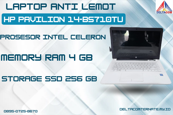 HP PAVILION 14-BS710TU , TYPE BARU BODY SLIM, PROSESOR INTEL CELERON RAM 4 GB SSD 256 GB DISPLAY 14 INCH MULUS , WARNAH PUTIH, LECET SDIKIT,